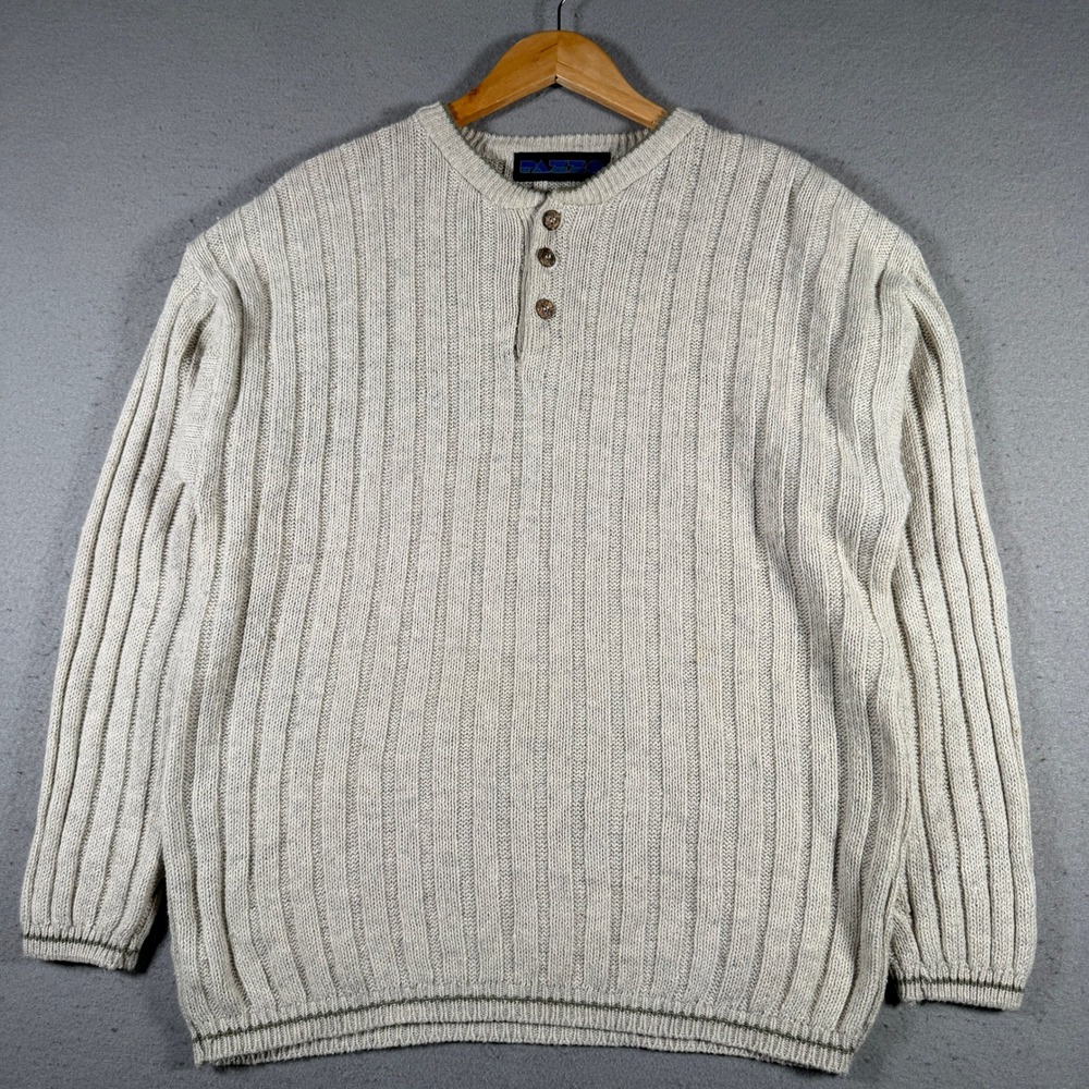 Vintage Pazzo Mens Henley Sweater Medium Oatmeal Beige Ribbed Ramie‎ Cotton